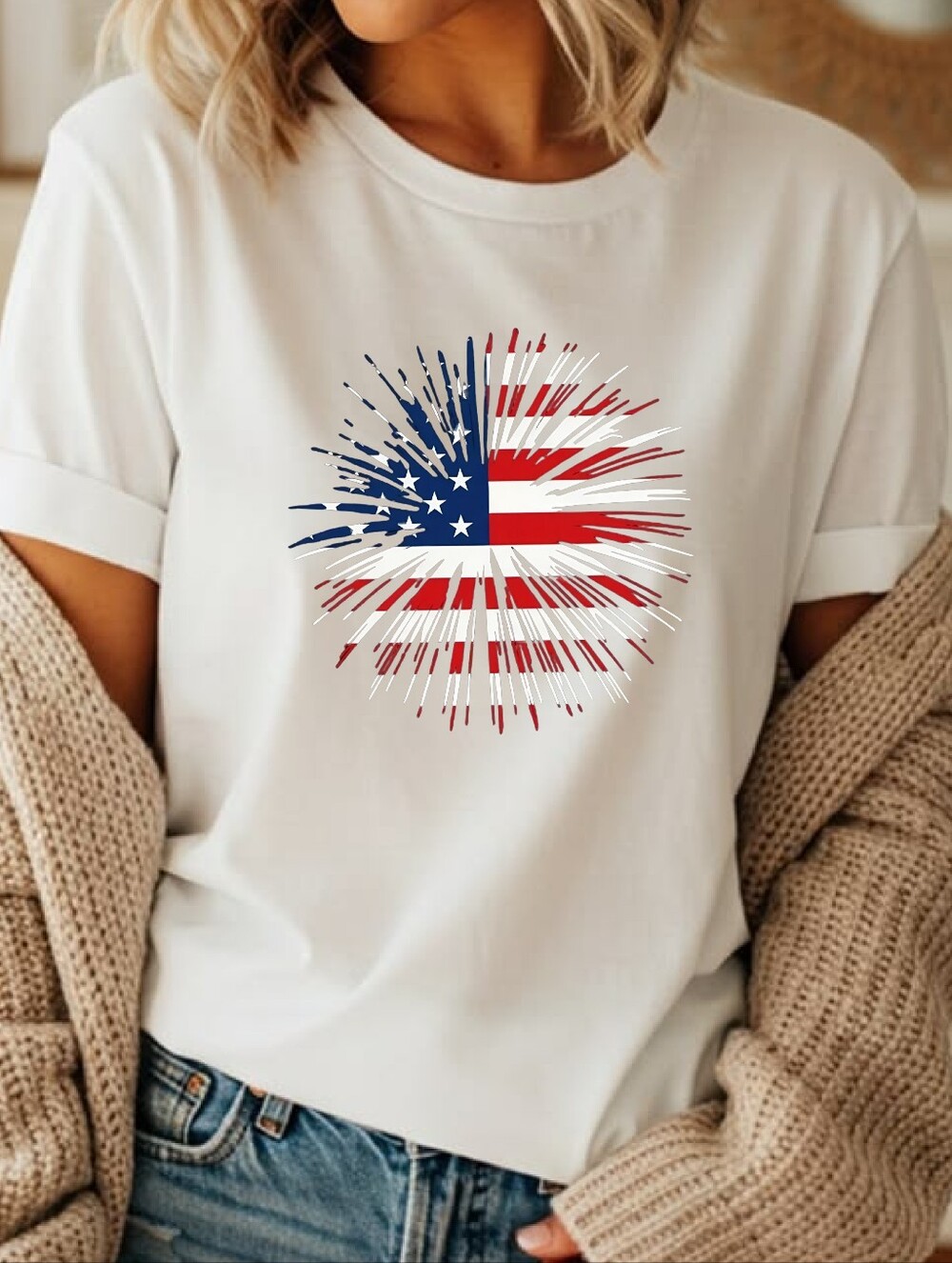 Fourth Of July American Flag Patterned  T Shirt